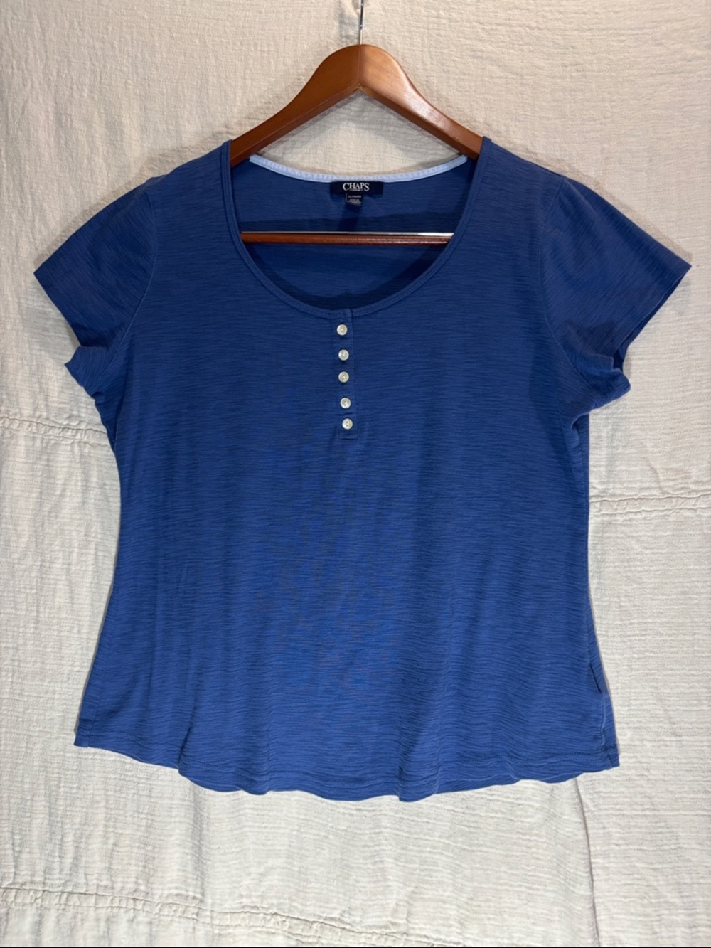 Chaps Women's Short Sleeve Scoop Neck Tee in Blue with Pearl Buttons 100%Cotton